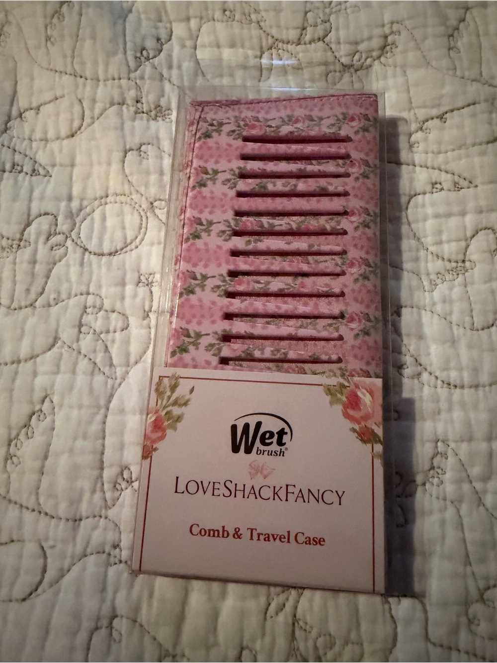 LoveShackFancy Pink Floral Comb & Travel Case in Strawberry Macroon